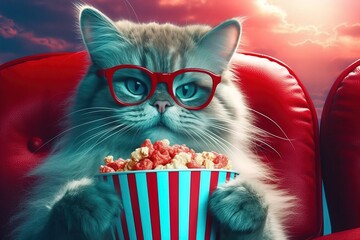 Cat wearing 3D glasses watching movie and holding popcorn