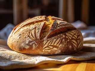 sourdough bread with a golden crust and patterned scoring