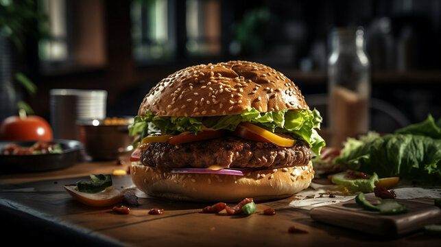 Delicious burger on wooden background new quality universal colorful technology stock image illustration design, generative ai	
