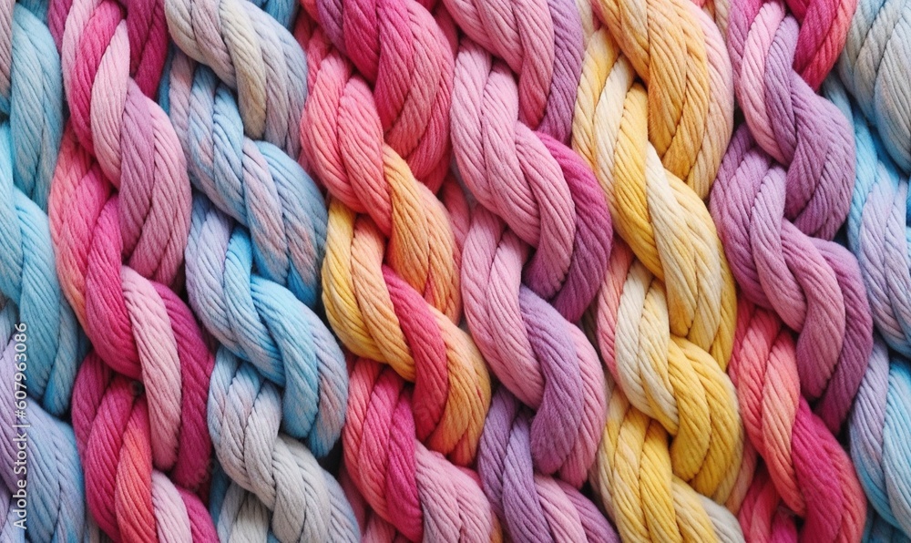Aufkleber a close up of a multicolored skein of yarn on a tablecloth with a pattern in the middle of the skein