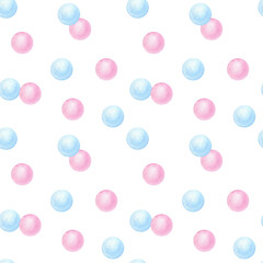 Seamless pattern pink blue balls, circles. Hand-drawn watercolor illustration on white background. For gender reveal party, baby shower, children's textiles