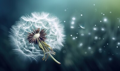  a dandelion blowing in the wind on a blurry background.  generative ai
