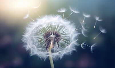  a dandelion blowing in the wind with a blurry background.  generative ai
