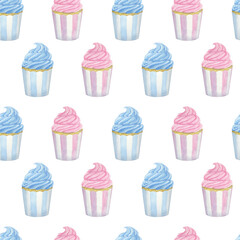 Seamless endless pattern pink blue muffins, cupcakes with cream. Hand-drawn watercolor illustration on white background. For gender reveal party, baby shower, children's textiles