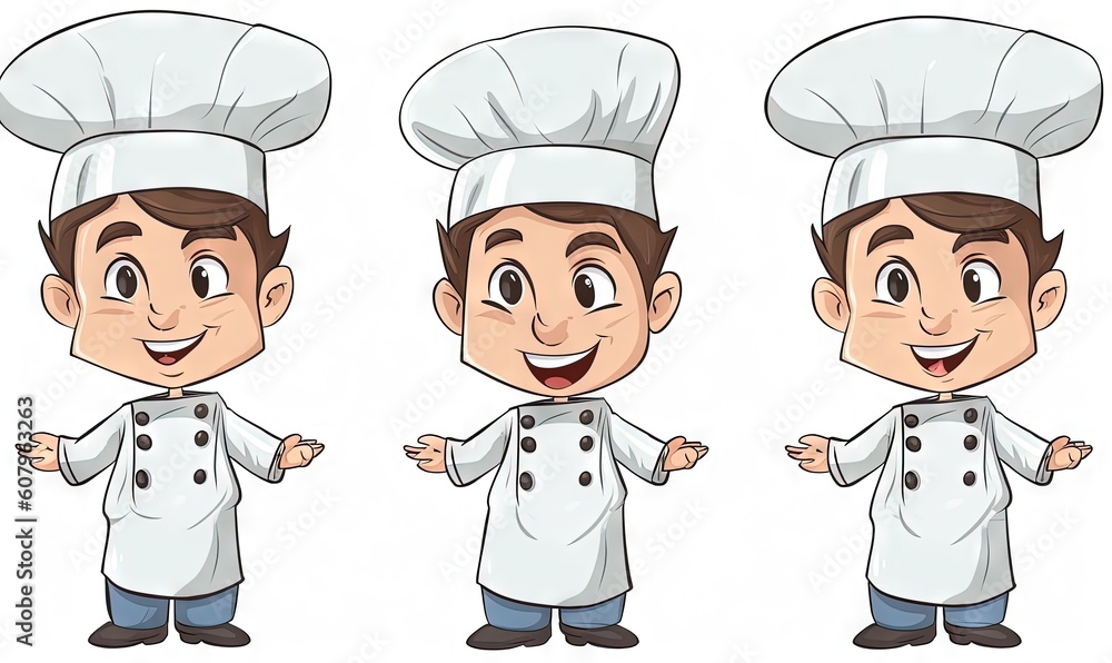 Poster a cartoon character with three different poses of a chef wearing a chef's hat and a chef's coat and 