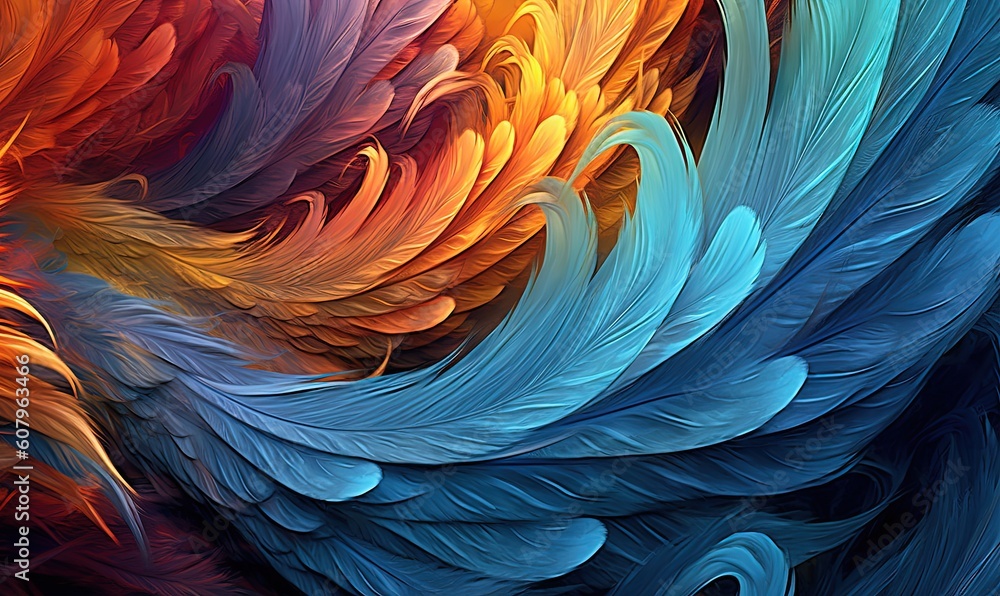 Poster a colorful background of feathers with different colors and sizes of feathers on it's sides and the 