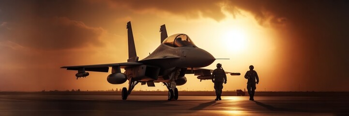 Fototapeta na wymiar sunset backlit view of military fighter jet pilot beside parked military airforce plane next to barracks or hangar as wide banner with copyspace - Generative AI