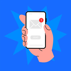 A human hand is holding a smartphone. A new message. The envelope icon. Fingers and a Flat-style screen