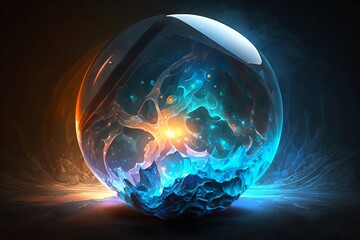 magic ball with blue and gold light patterns created with Generative AI technology