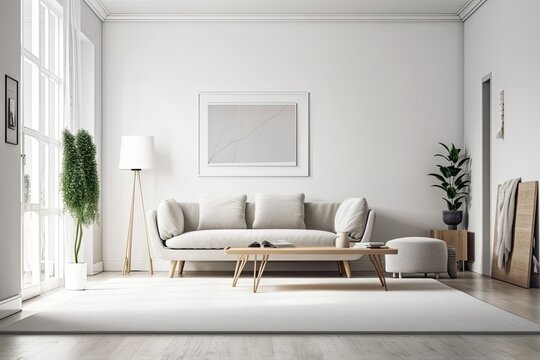 Acrylic Blank Isolated White Decoration Furniture Interior Indoors Frame Wall Living Room Modern House Mockup. Generative AI