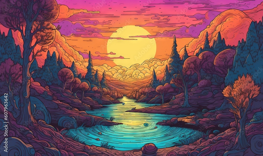Poster a painting of a sunset over a river with trees and a mountain in the background with a river running
