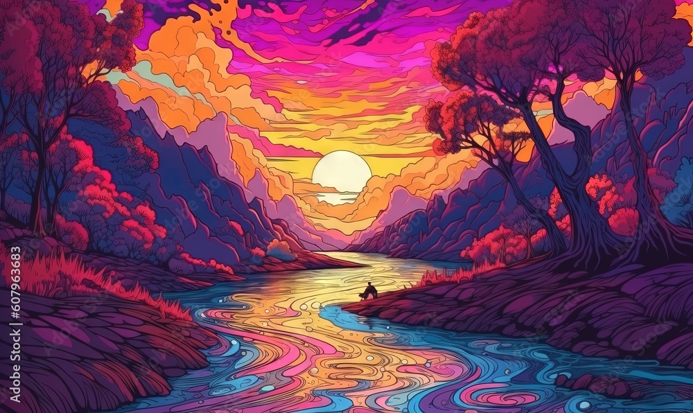 Poster a painting of a river with trees and a person standing on the edge of it in the distance, with a sun