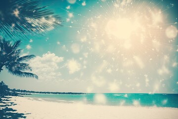 Fototapeta na wymiar Tropical beach with bokeh sun light wave on abstract backdrop of blue sky and white clouds. Outdoor and travel holiday experience idea for a summer vacation.color-filtering retro tones. Generative AI