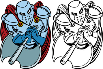 Knight holding an axe isolated on a white background  - both color and black / white versions.