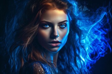 attractive young woman with flowing hair and bright blue eyes created with Generative AI technology