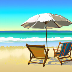 Beach Chairs with umbrella on sandy beach, calm and quiet