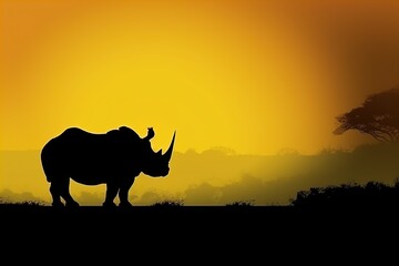 Silhouette of african white rhinoceros against orange dusk dawn sky