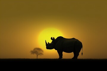 Silhouette of african white rhinoceros against orange dusk dawn sky