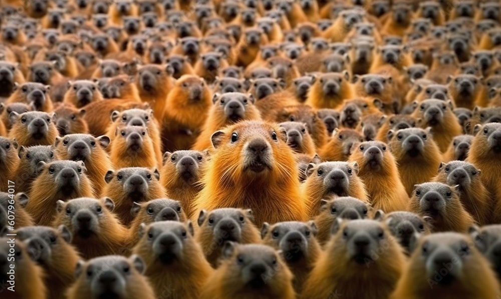 Poster a large group of animals that are standing in the middle of a field of them are looking up at the ca
