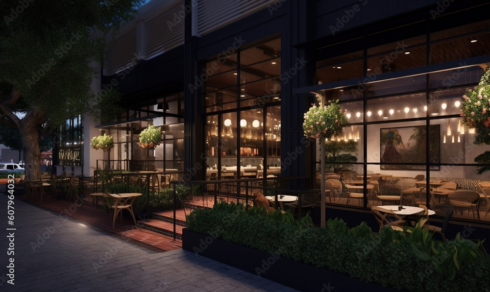 Poster a building with a lot of windows and plants in front of it at night with lights on the windows and a