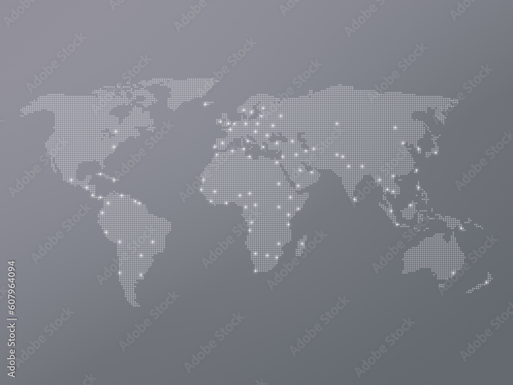 Poster dotted halftone world map with many highlighted capital cities on gray color gradient background. hi