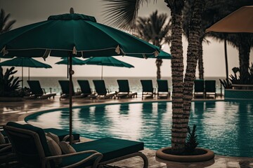 Umbrellas and chairs surround an outdoor swimming pool at a hotel resort near the beach. Generative AI