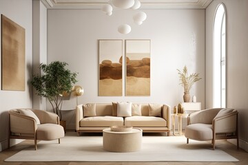 a sizable living area with armchairs, a sectional sofa, and cushions. Beige and white interior design hues are very on trend for 2022. Mockup of an empty wall. Stylish modern luxury. Generative AI