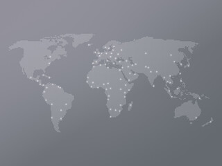 Dotted halftone world map with many highlighted capital cities on gray color gradient background. High resolution, modern and clean world map in black and white.
