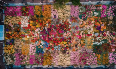  a large patch of colorful flowers on a street side wall.  generative ai