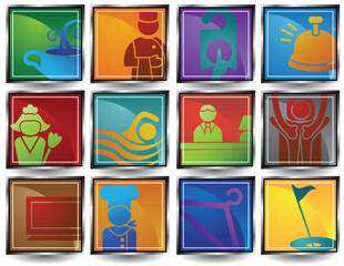 Collection of hotel and spa resort themed objects in a simplified style.