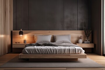 a wooden bed in a contemporary room,. Generative AI - obrazy, fototapety, plakaty