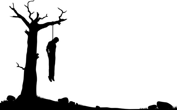 Editable vector silhouette of a man hanged from a dead tree