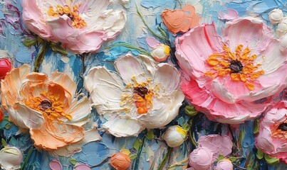  a close up of a painting of flowers on a blue and pink background with hearts and flowers on the bottom of the painting and bottom half of the painting.  generative ai