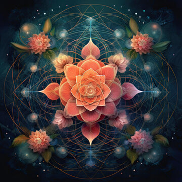 Flowers mandala art orange and green. AI generated