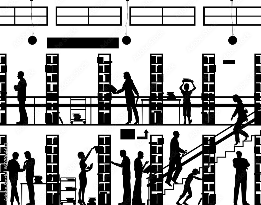 Poster editable vector silhouette of people in a library with all elements as separate objects
