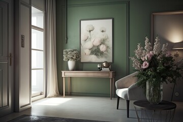 A vase of flowers is placed on a metal table next to a green sofa in a modern classic hallway with a gray wall and an empty vertical poster. Through the doorway, one can see a table and Generative AI
