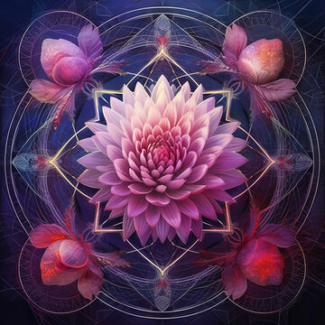 Geometry ethereal flowers mandala art pink and purple. AI generated