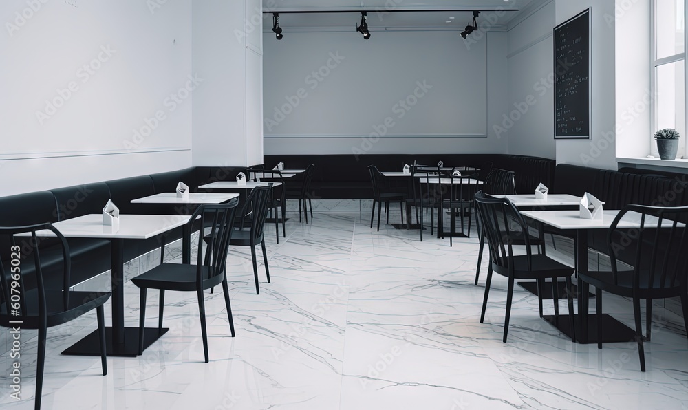 Poster a room with tables and chairs and a projector screen in the corner of the room with a chalkboard on 