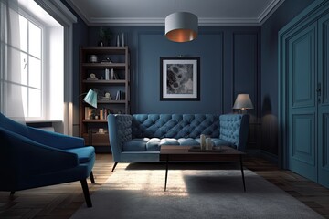 A room in a light blue tint with a black coffee table and a navy blue accent chair. Lounge, salon, or reception a decorated room with bookcases and a simple couch. a setting for art. Generative AI