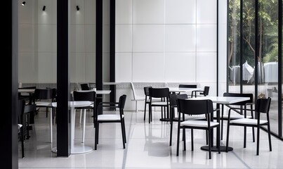 Fototapeta premium a restaurant with a lot of tables and chairs in the middle of the room and a glass wall to the side of the room with a tree in the background. generative ai