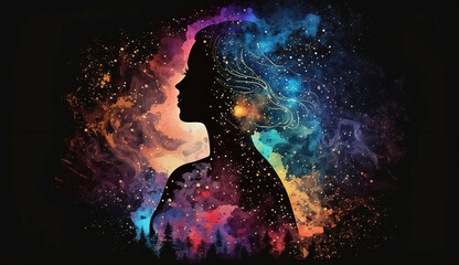 Space girl woman meditating new quality universal colorful technology stock image illustration design, generative ai	
