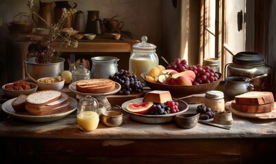  a table topped with lots of food and a bowl of fruit next to a bottle of milk and a bowl of fruit and a glass of milk.  generative ai