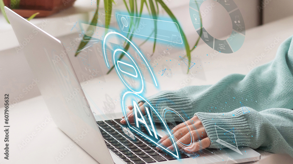 Poster woman using chatbot in computer and tablet smart intelligence ai. chat gpt chat with ai artificial i