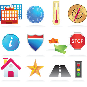 Automobile themed set of icons on a colorful peeled edge sticker labels.