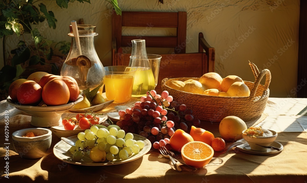 Poster a table topped with a bowl of fruit next to a bowl of oranges and a bowl of grapes and a bowl of ora