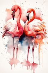 Watercolor drawing of pink flamingos, idea for vertical format poster, concept for wallpaper or screen. AI generated
