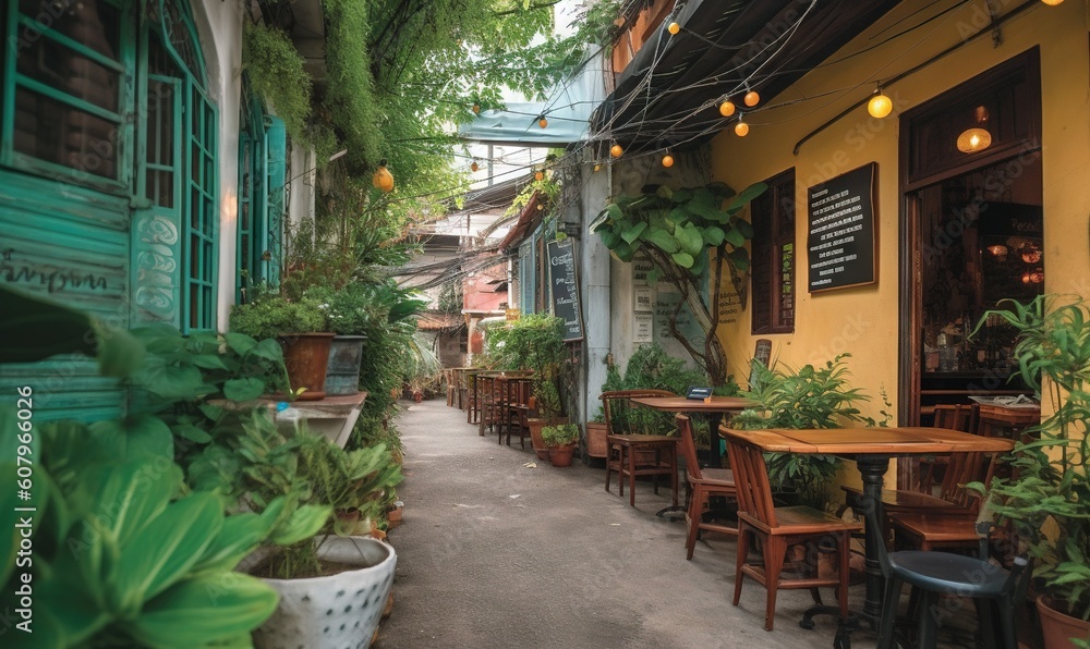 Poster a narrow alley way with tables and chairs lined up along the side of the building and plants growing