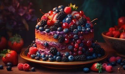  a cake with berries and blueberries on a plate next to a bowl of strawberries.  generative ai