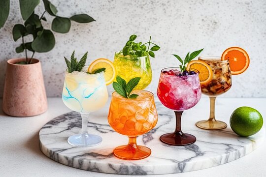 on a marble table with a bright backdrop, serve drinks. Five different summer drink varieties are served in glasses. margarita, mojito, and aperitif. Generative AI