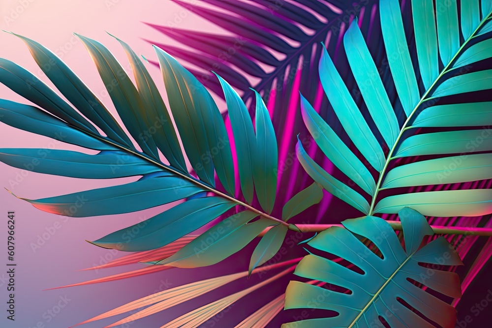 Poster tropical and palm fronds with holographic bright gradient colors. artwork with a conceptual theme. b